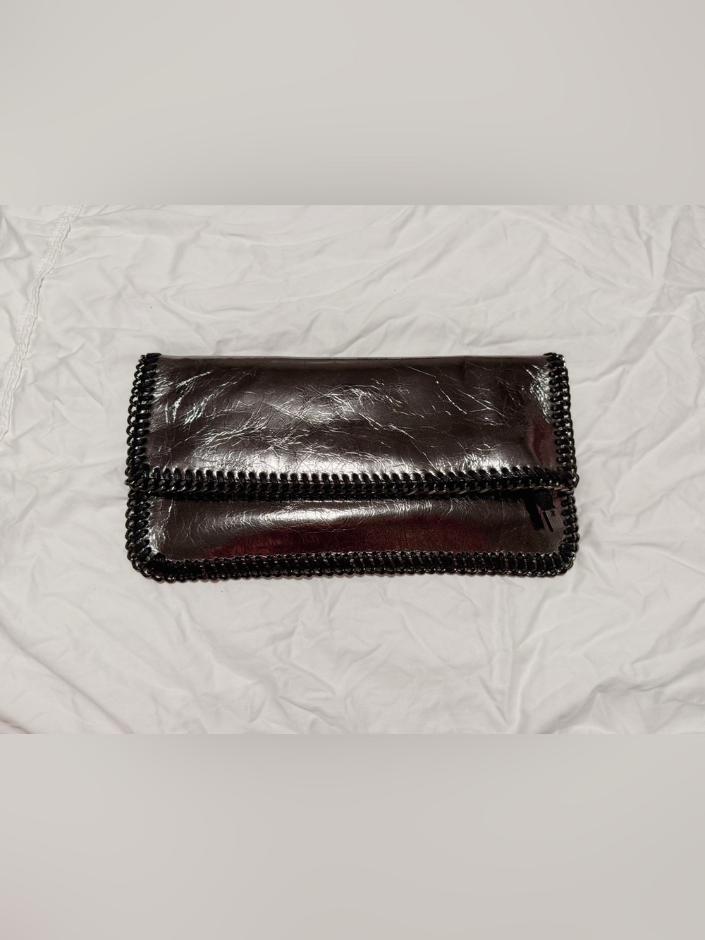 Black Glossy Chain-Trim Foldover Clutch